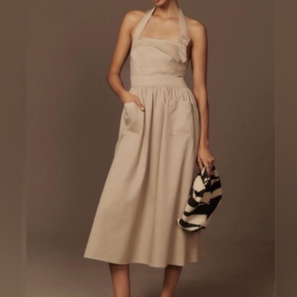 Porridge Halter Utility Midi Dress Khaki 100% Cotton Size Small
